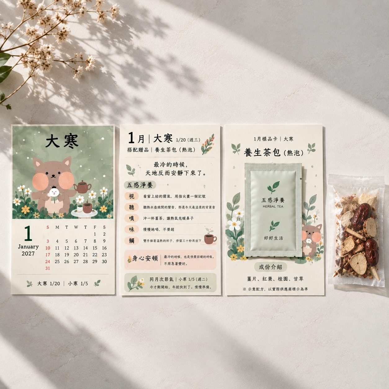 1 月大寒的月曆頁、五感節氣卡，和附上的養生茶包樣品卡