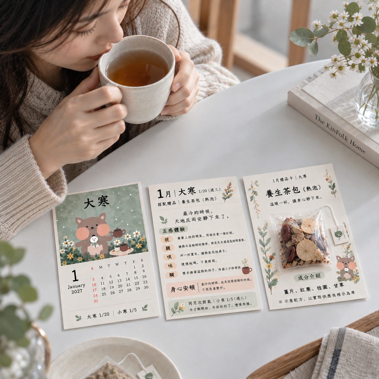 捧著熱茶的人，桌上放著大寒月曆和養生茶包樣品卡