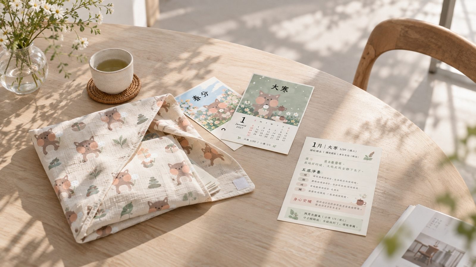 印滿吉祥物圖案的魔術包巾，旁邊是大寒與春分的月曆卡和一杯茶